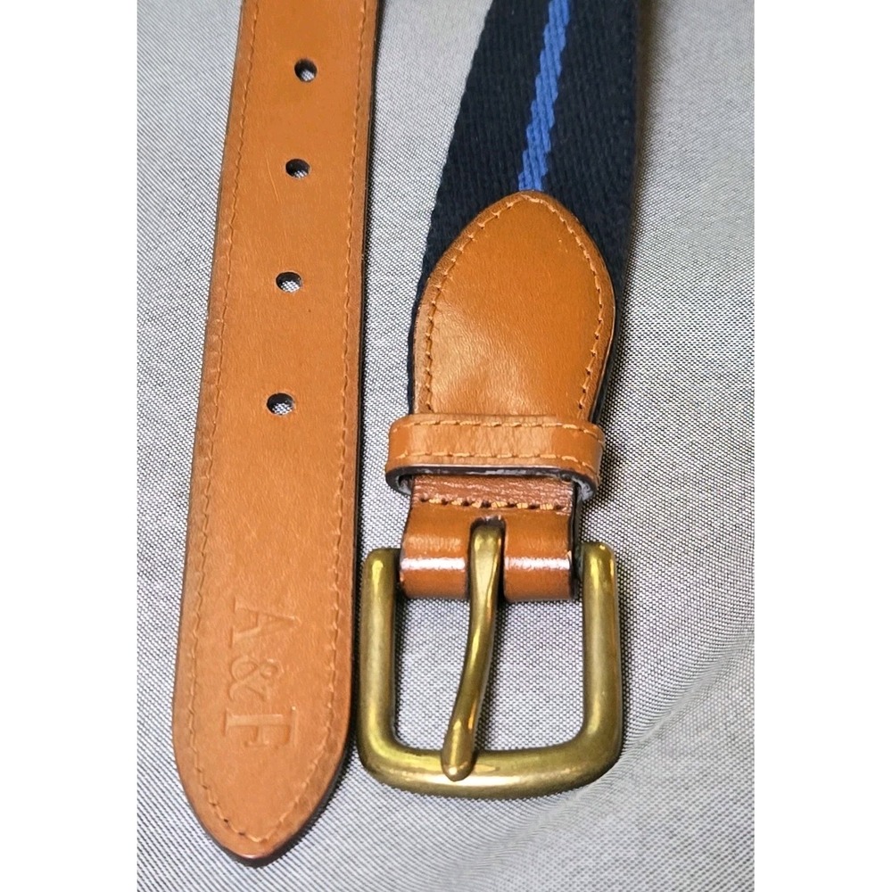 Abercrombie & Fitch Belt Mens 38 AF Navy Blue Stripe Woven Canvas Leather Tabs